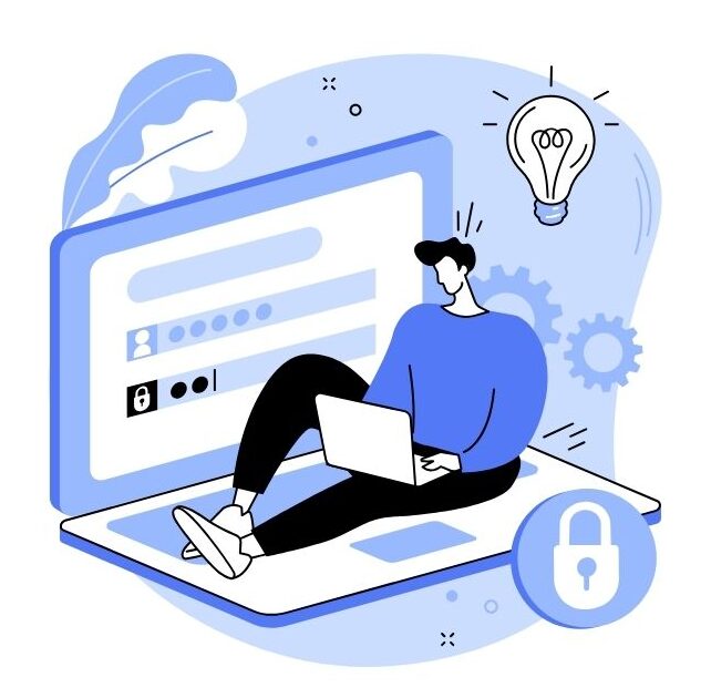 A stylized illustration of a person sitting on a laptop keyboard, holding another laptop, with a light bulb above their head symbolizing an idea. Gear icons and a padlock are nearby, representing technology, innovation, and security, set against a modern blue and white background with abstract shapes.