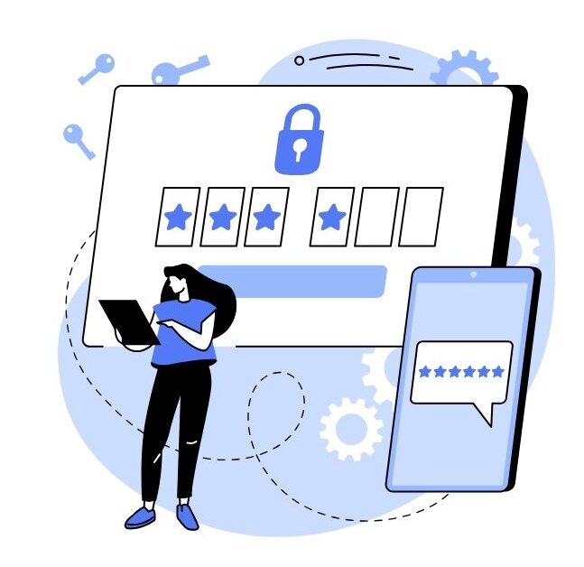 An illustration explaining two-factor authentication (2FA), showing a woman holding a laptop beside a large box with a lock icon. The box represents a login screen, while a speech bubble with stars symbolizes a one-time code being entered from a phone to complete the login process. Gears and keys in the background emphasize security and authentication.