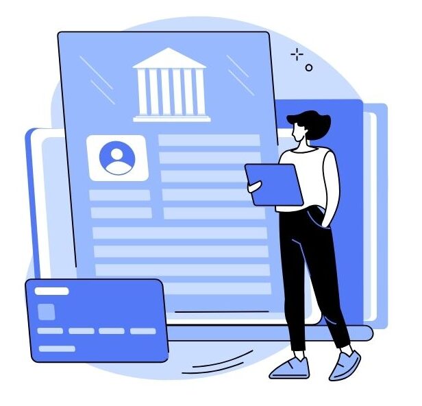An illustration of a credit union member checking her online account. She stands holding a tablet or clipboard beside a document with a classical building icon, symbolizing a financial institution. A credit card is placed in front of the document, representing account details or transactions. The blue and white color scheme conveys trust and professionalism.