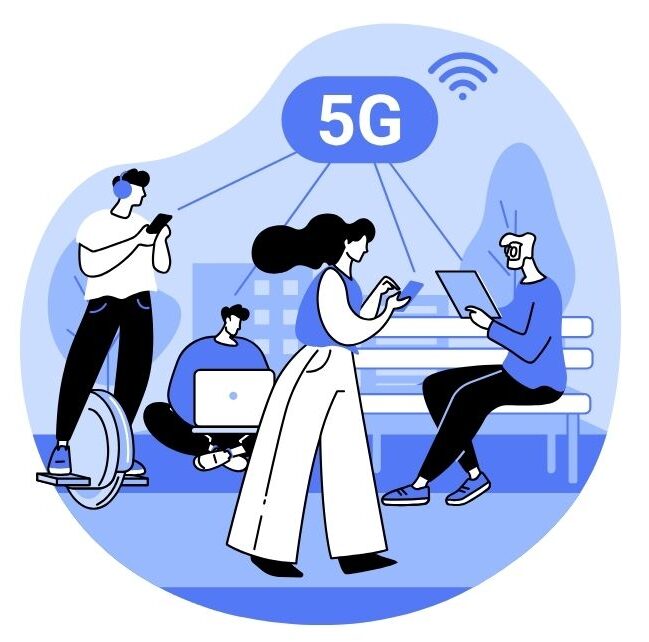 An illustration symbolizing public or open Wi-Fi networks, featuring four people using various devices: a unicycle rider with a smartphone, a seated person with a laptop, a walker with a smartphone, and a bench sitter with a tablet. A central '5G' text connects to each individual, representing shared connectivity.