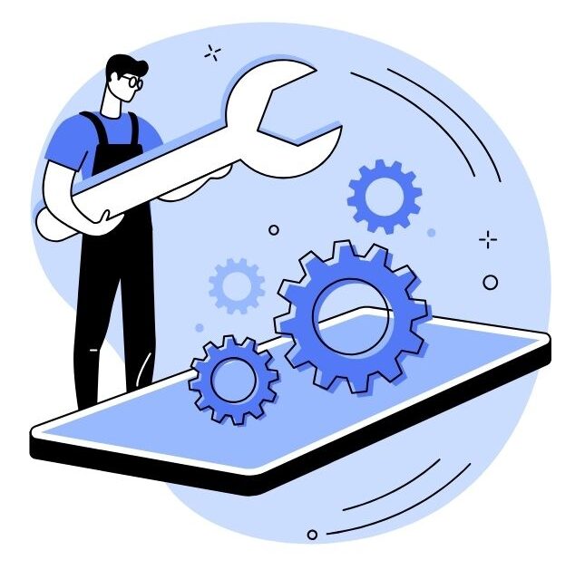 An illustration of a person wearing glasses and overalls holding a large wrench, standing beside three gears on a stylized smartphone. The image symbolizes maintenance, updates, and optimization to ensure secure and efficient device performance.