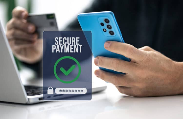Man using debit card, paying via mobile banking app. 2FA payment, two factor authentication concept