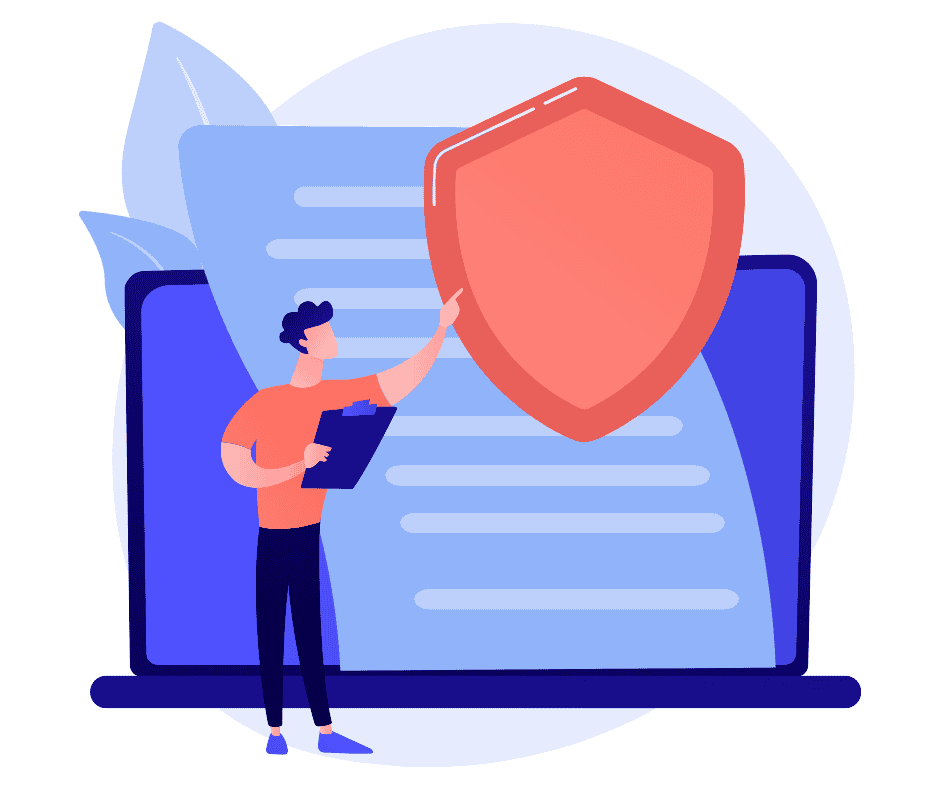 A person in a coral shirt points at a large shield, symbolizing financial security, while holding a clipboard. Behind them, an open laptop with a blue screen represents online account management. The shield emphasizes the protection offered by loan insurance, ensuring peace of mind for credit union members. The coral and blue color scheme conveys trust and reliability.